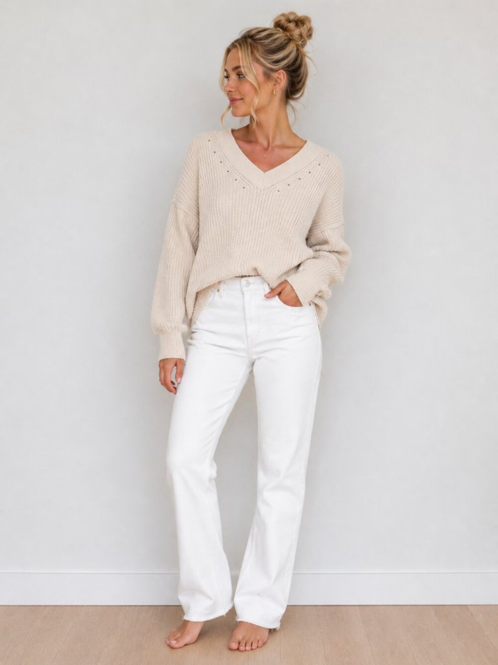 Aerie Cream V-Neck Ribbed Knit Sweater